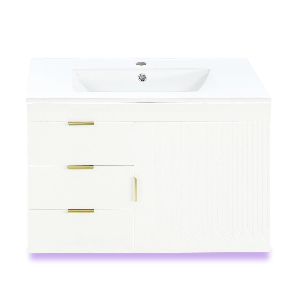 Mobile bagno sospeso con lavabo in ceramica; LED e app; 2 cassetti; 1 vano e ripiano rimovibile per bagno