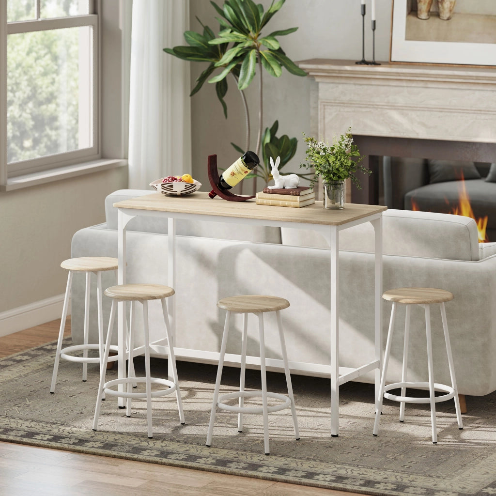 Set Tavolo da Bar e 4 Sgabelli Stile Industriale ¨C zephmum ¨C Bianco e Legno Naturale