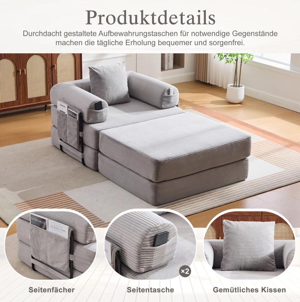 Divano modulare in velluto a coste grigio chiaro con pouf; 112x190x67 cm; senza montaggio