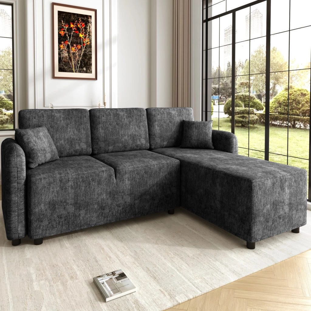 Divano angolare 3 posti a L in chenille nero; con chaise longue integrata e 2 cuscini