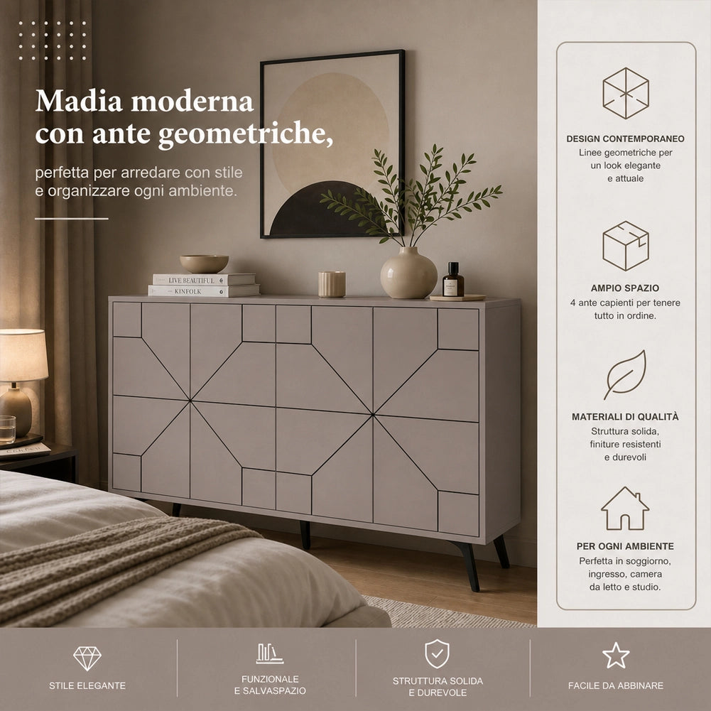 Madia con 4 Ante Credenza Design Geometrico Moderno in Legno 123x77 cm Tortora
