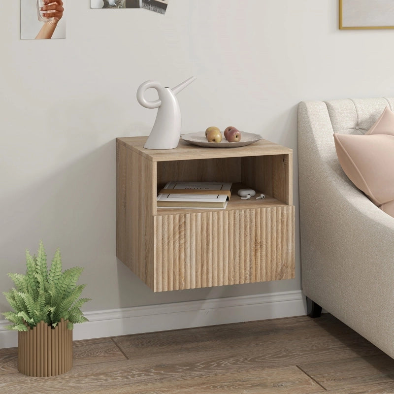 Comodino sospeso in effetto legno naturale, design senza maniglie, 1 cassetto e vano aperto, montaggio a parete