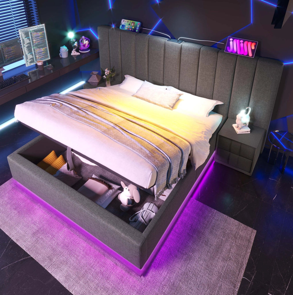 Letto contenitore 160x200 cm con LED 360°; USB e USB-C; lino grigio