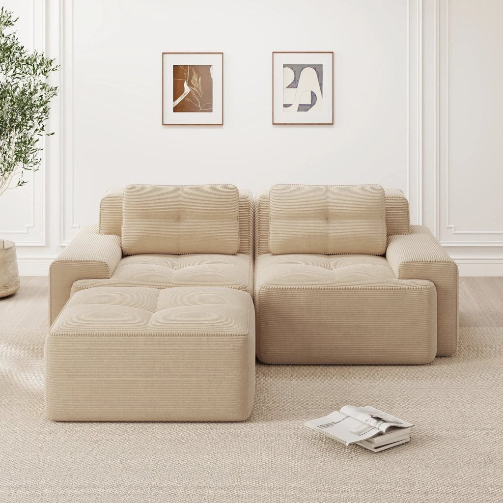 Divano modulare senza struttura a L con seduta profonda in velluto a coste beige