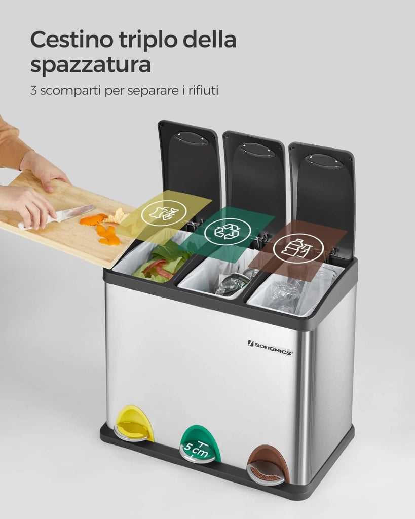 SONGMICS Cestino per Rifiuti da Cucina, 3 x 8 L Pattumiera Differenziata Piccolo Volume, Cestino Triplo in Acciaio, Pedali e Secchi Interni, Facile da Pulire, Argento e Nero LTB24L