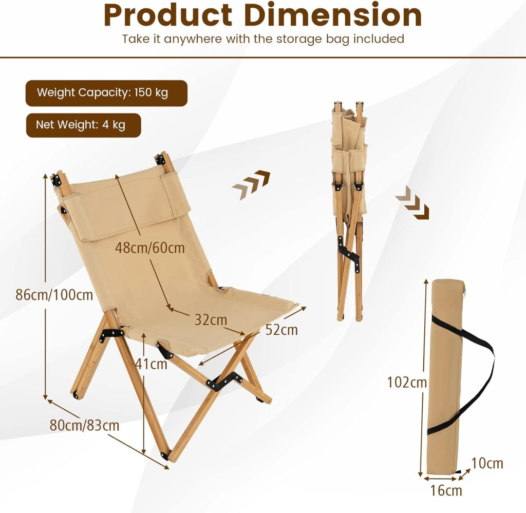 Sedia Pieghevole per Esterni, Sedia da Campeggio Portatile con Telaio in Bambù Solido e Tessuto Traspirante, 99,5x51,5x80 cm, Naturale