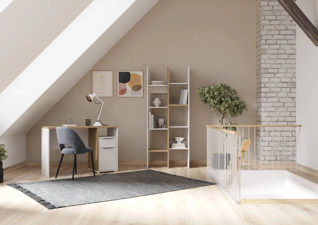 Libreria Badia, Scaffale da ufficio, Mobile portalibri, Biblioteca, 76x33 h183 cm, Rovere e Bianco