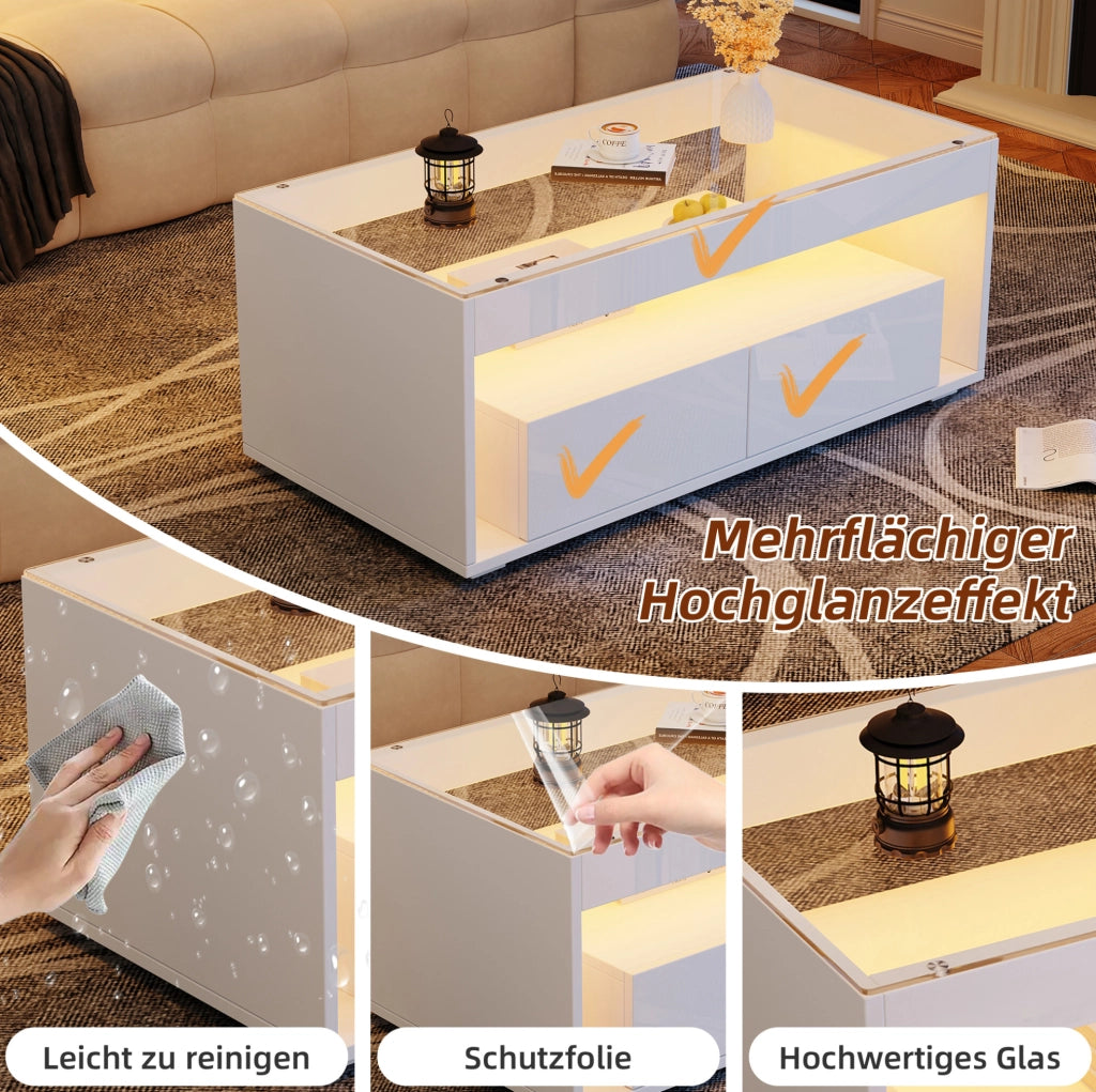 Tavolino da caffè moderno bianco con LED e ampio spazio contenitivo