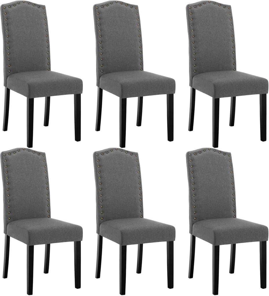 6 Pezzi Sedie per Sala da Pranzo con Schienale Alto, Sedie da Cucina con Gambe in Legno Massello, Sedia da Soggiorno Imbottite, Decorazione con Rivetti, in Lino, Grigio chiaro, BH386hgr-6