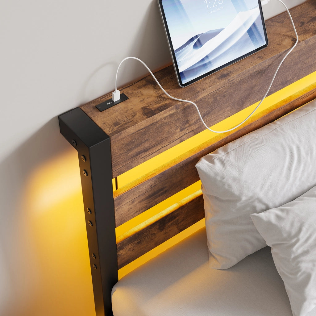 LETTO 90x200 cm con LED RGB e 2 USB in metallo e legno Nero Marrone