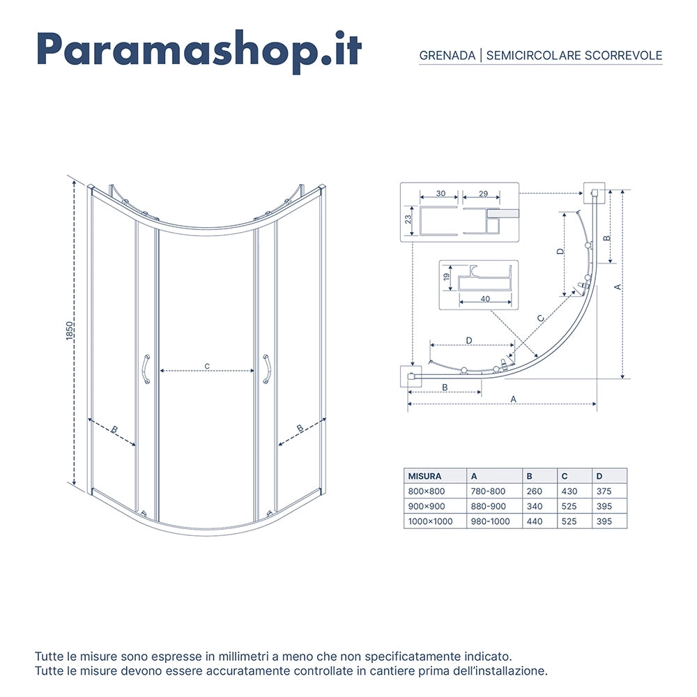 Box doccia semicircolare 90x90 cm trasparente 4 mm profili bianchi | Grenada