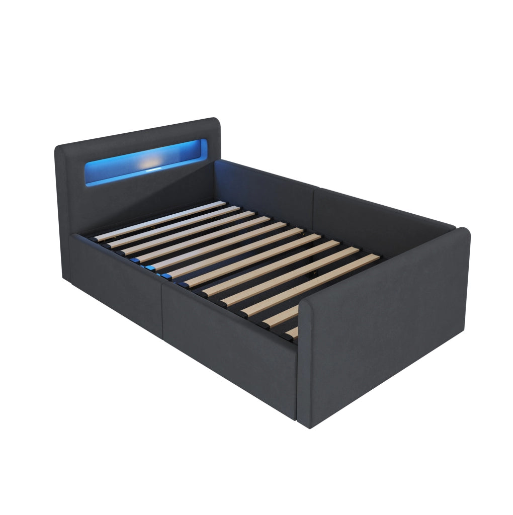 Letto imbottito bambini 90x200 cm in velluto grigio con LED; USB e contenitore