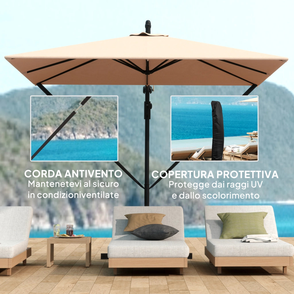 Ombrellone Decentrato 250x250 m con Base a Croce e Manovella in Metallo e Poliestere Cachi