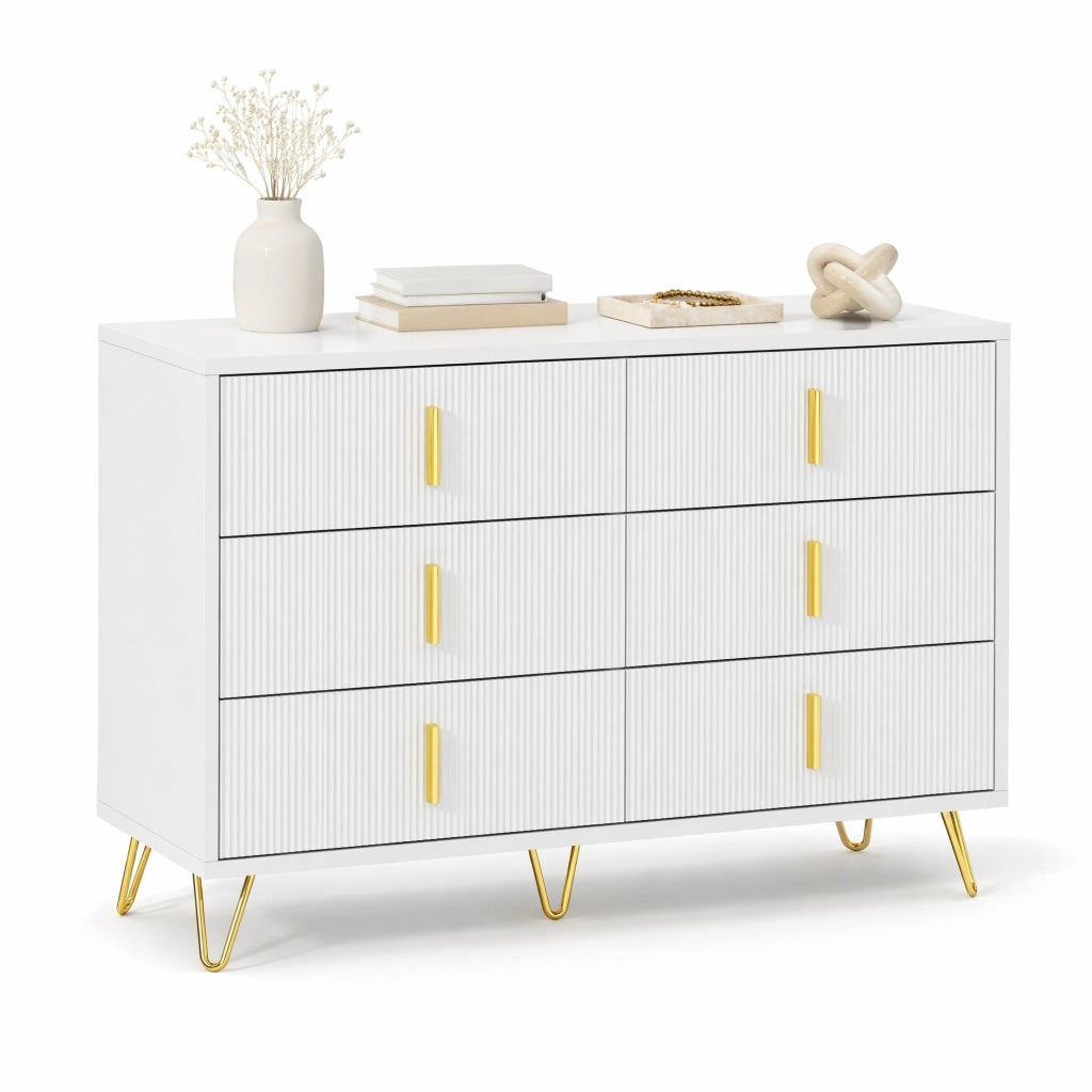 Credenza sideboard moderna 120 x 77 x 40 cm con 6 cassetti; bianco e oro in truciolare