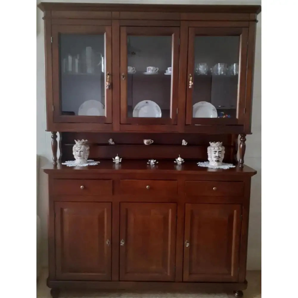 Cristalliera 6 ante 3 cassetti arte povera in legno massello e mdf con rifinitura in noce 150x43x218 H