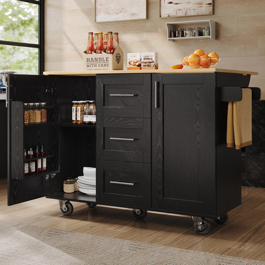 Isola Cucina con Ruote ¨C MINIMAL ¨C Nero, Legno, Ripiani, Portasalviette