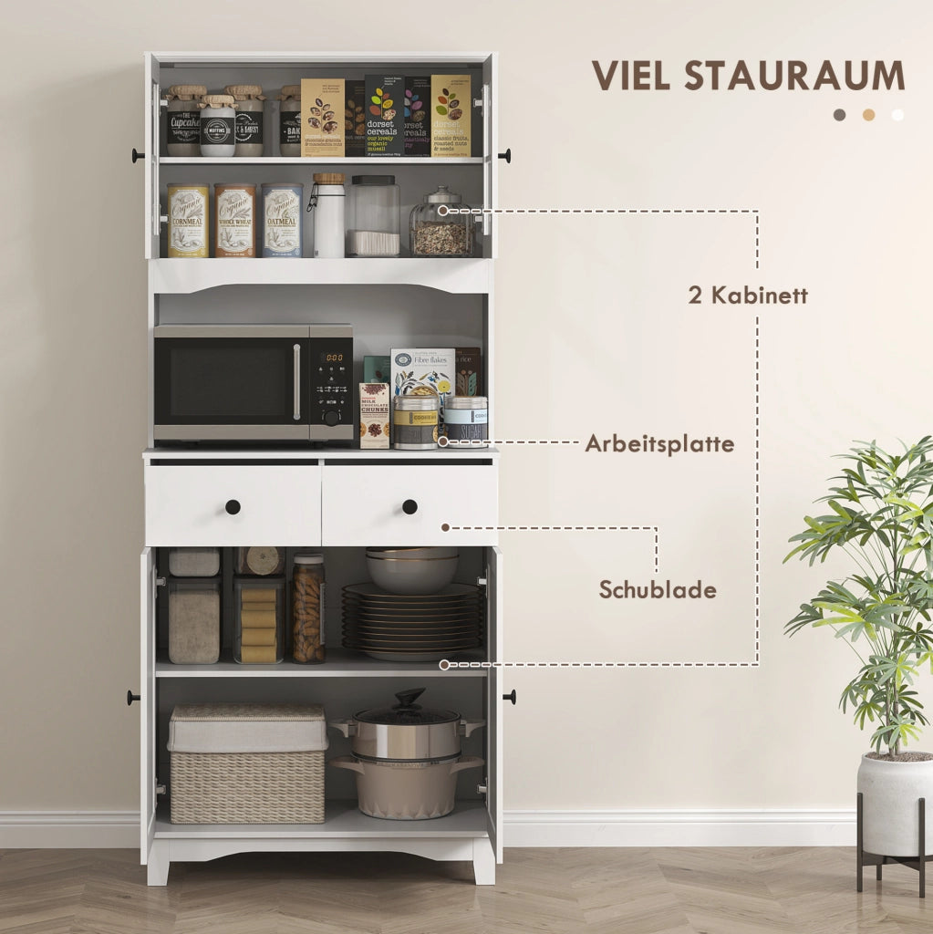 Mobile alto da cucina con ripiano per microonde; 2 armadietti e 2 cassetti; bianco