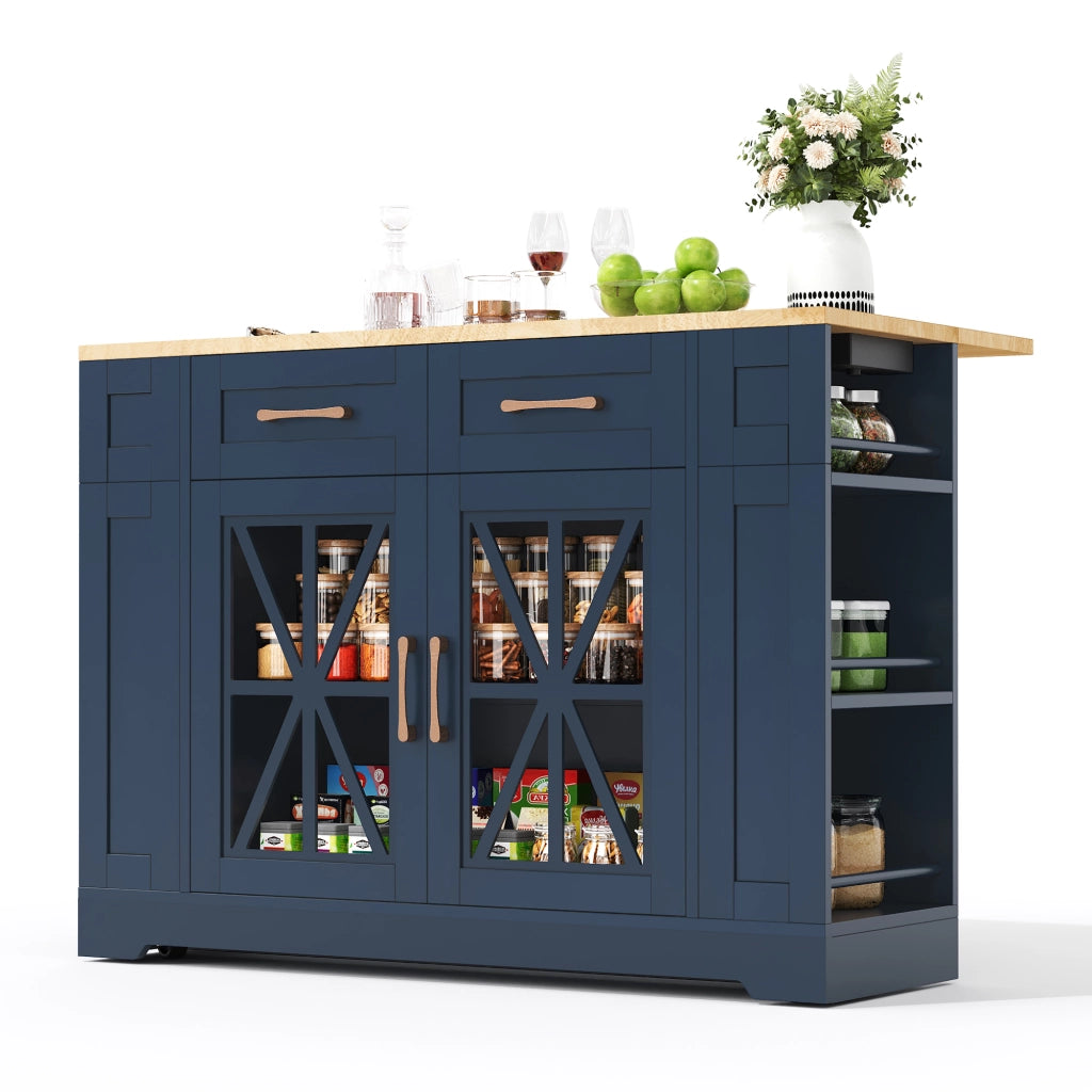 Carrello Da Cucina con 2 Ante in Vetro; 1 Cassetto; 6 Ripiani Aperti; Piano Pieghevole e Porte USB con Ruote; in MDF; 120 x 40 x 92 cm; Blu e Naturale