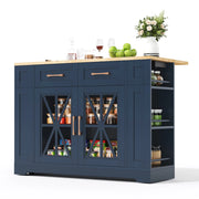Carrello Da Cucina con 2 Ante in Vetro; 1 Cassetto; 6 Ripiani Aperti; Piano Pieghevole e Porte USB con Ruote; in MDF; 120 x 40 x 92 cm; Blu e Naturale
