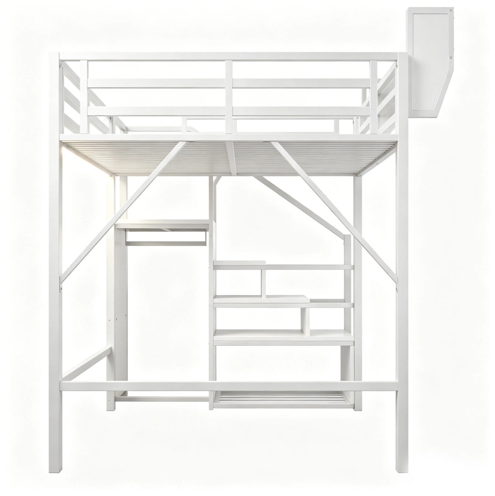 Letto a soppalco 140x200 cm in metallo e MDF con LED; scala di sicurezza; bianco