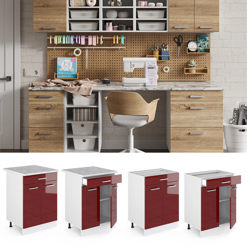 Vicco Base universale Rosso bordeaux lucido 60 cm con cassetti, senza piano di lavoro