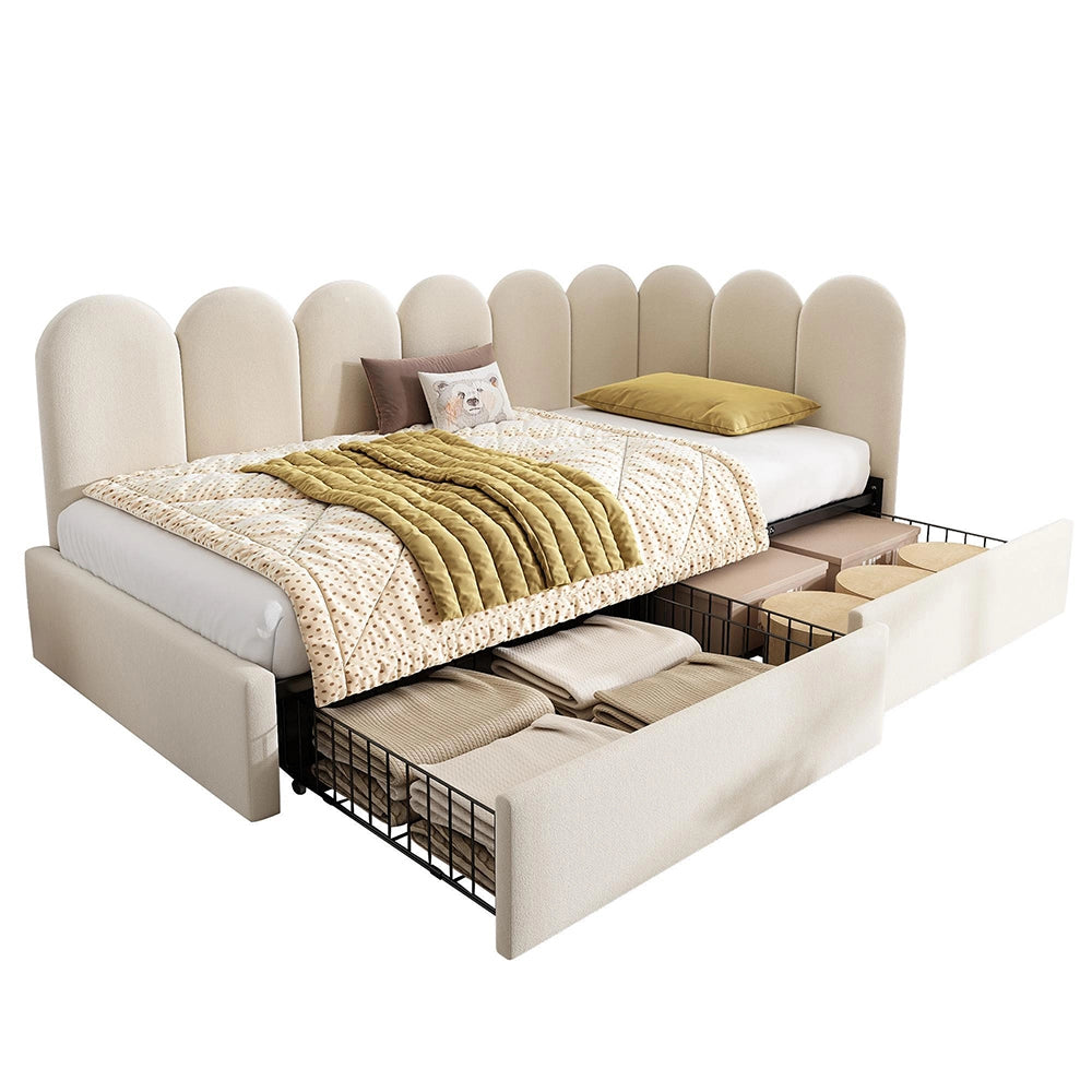 Letto imbottito singolo con cassetti - Xylo - 90x200 cm - Beige - Velluto, divano letto