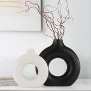 Set di vasi ceramici donut bianchi e neri da 2 per accessori di arredamento moderno, vasi rotondi opachi per pampas, vasi di fiori neutri in stile boho in stile minimalista scandinavo (grande nero e piccolo bianco)