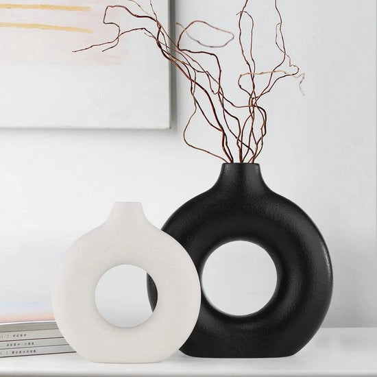 Set di vasi ceramici donut bianchi e neri da 2 per accessori di arredamento moderno, vasi rotondi opachi per pampas, vasi di fiori neutri in stile boho in stile minimalista scandinavo (grande nero e piccolo bianco)