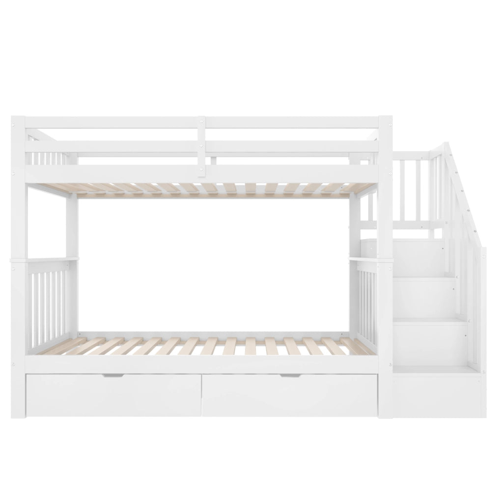 Letto a castello ULEVR 90x200 cm con scala a ripiani, 2 cassetti e sponde alte, bianco