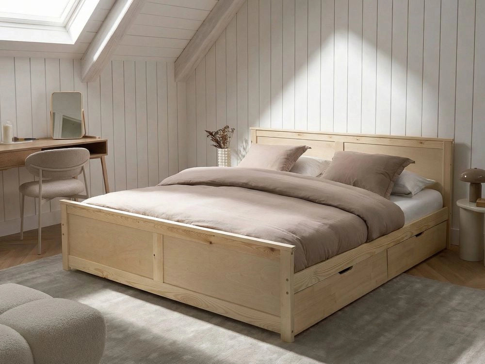 Letto matrimoniale con 2 cassetti in legno marrone chiaro stile 180 x 200 cm con testiera in stile scandinavo