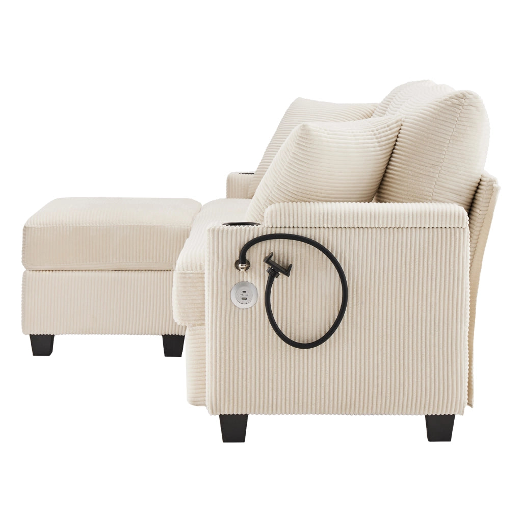 Divano Angolare 3 Posti con Poggiapiedi ¨C MINIMAL ¨C Beige, Braccioli, Cuscini