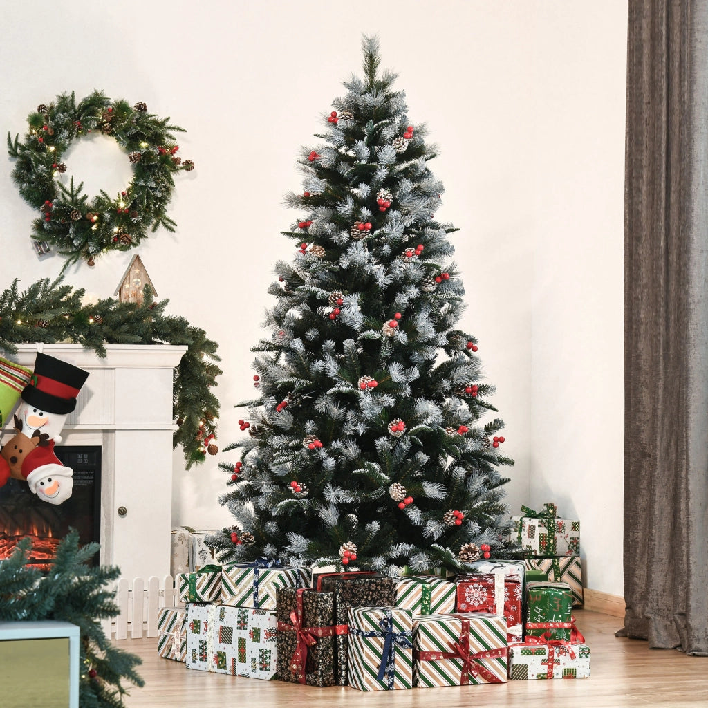 EasyComfort Albero di Natale Innevato 180cm con Bacche Rosse e Pigne Bianche, Base Rimovibile Pieghevole, 678 Rami, Verde