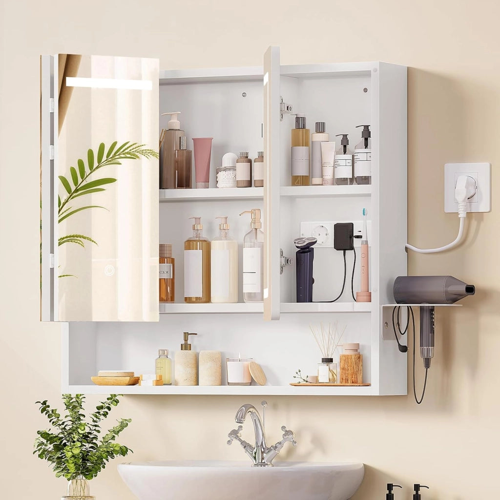 Specchio Bagno Contenitore con Luce LED e Presa Elettrica, Mobile Bagno a Specchio con 3 Ante e Gancio Asciugacapelli, 3 Temperature di Luce Dimmerabili a Touch, Ripiani Regolabili, Bianco