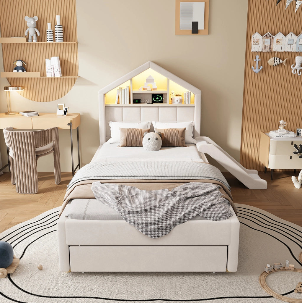 LETTO Bambini Imbottito 90x200 cm Beige con Scivolo, LED e Porta di Ricarica