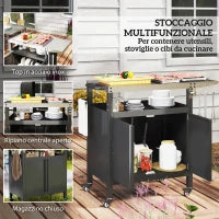 Carrello per Barbecue con Armadietto, Ripiano Aperto e Tavolino Laterale, in Acciaio Inox, 116x50x93 cm, Nero