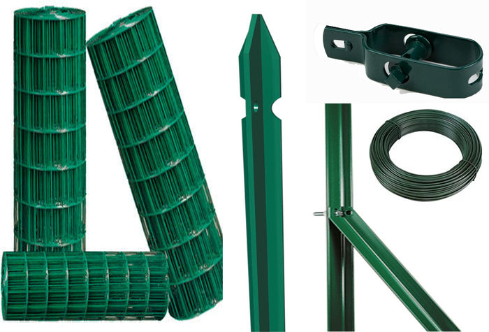 1kit composizione completa rete per recinzione da 25mt lineari con rete metallica plastificata altezza cm 100 h maglia mm 75x50 con paletti da fissare nel cemento cod:ferx.comp.04