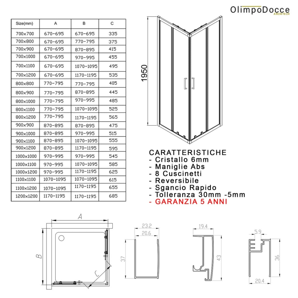 Box doccia angolare trasparente 195 6mm matias, misura 80x90