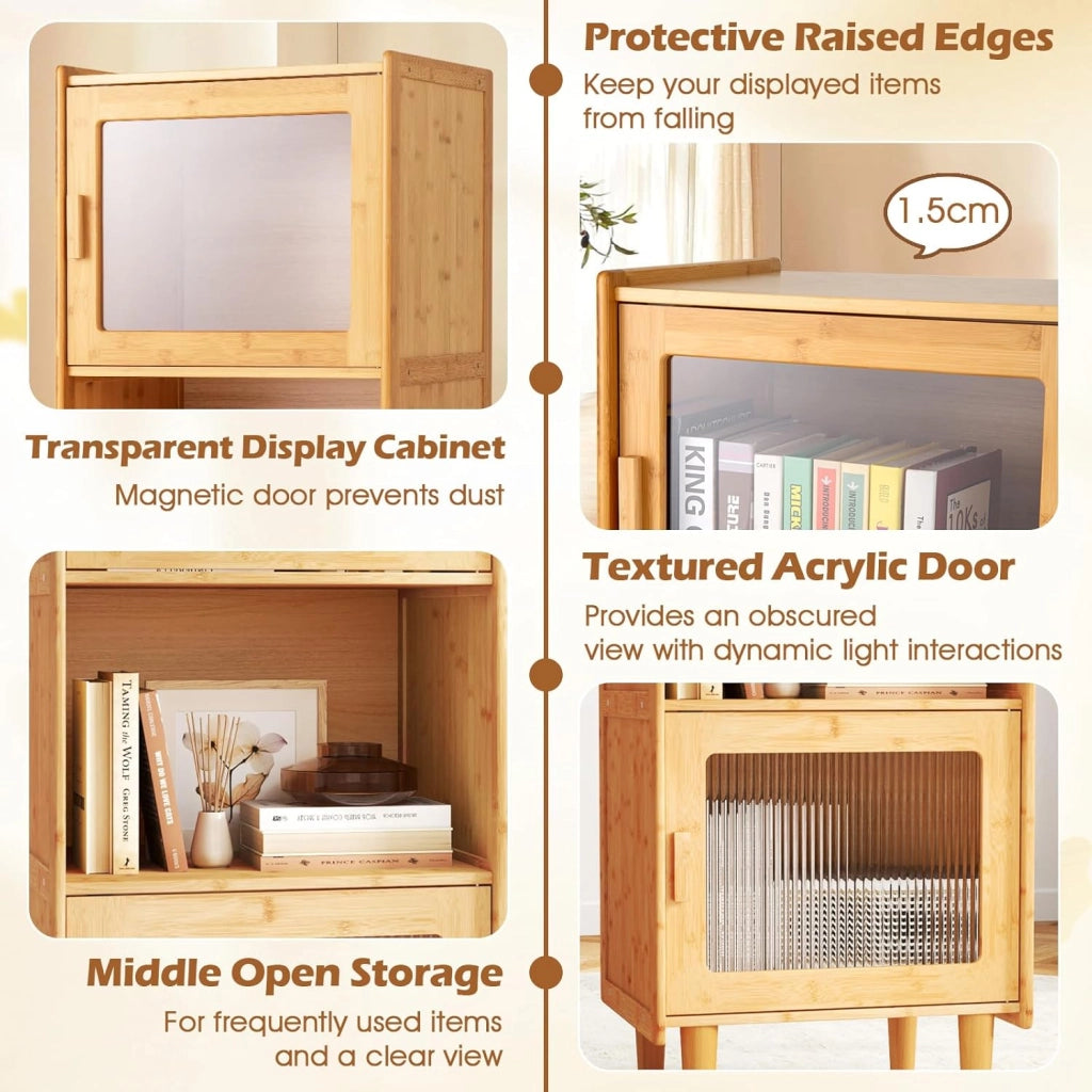 Credenza Cucina Salvaspazio in Bambù, Armadio Dispensa a 3 Cubi, Colonna Cucina con 2 Ante in Acrilico, Kit Anti-Ribaltamento per Sala da Pranzo, Studio, Soggiorno, 49,5x40x130 cm, Naturale