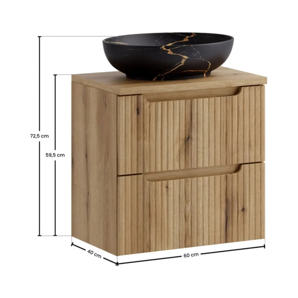 Set da bagno VANO in rovere chiaro 60cm: mobile sottolavabo con cassetti + top per lavabo + lavabo da appoggio nero marmoreo