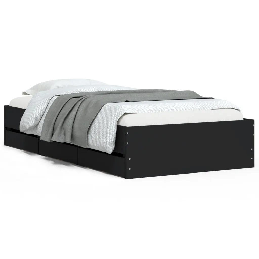 Letto singolo | Letto per adulti | Giroletto con Cassetti Nero 100x200 cm in Legno Multistrato