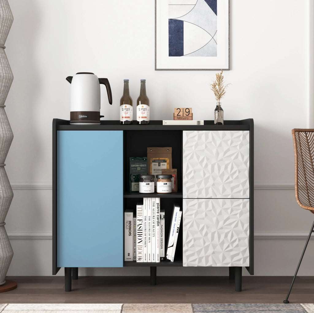 Credenza buffet con 2 cassetti e vani aperti; 90 cm; in MDF nero e blu