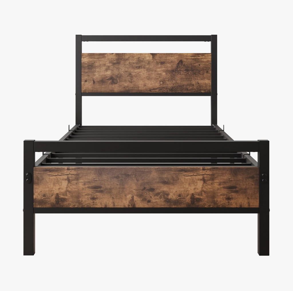 Letto singolo ULEVR 90x200 cm in metallo e MDF con rete a doghe, testiera e pediera marroni