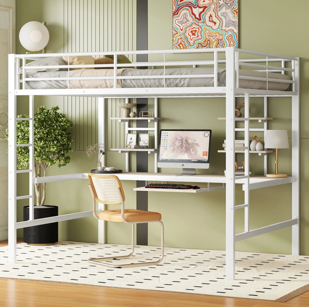Letto a soppalco 140x200 cm con scrivania e scaffali in metallo e MDF bianco