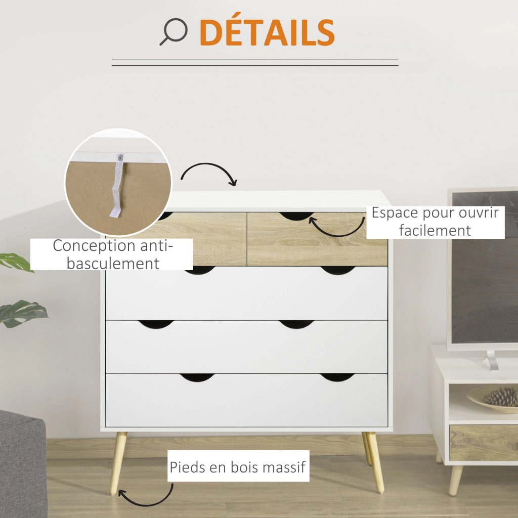 Cassettiera 5 Cassetti Design Scandinavo ¨C Zephmum ¨C 99x39x101 cm Bianco Effetto Rovere