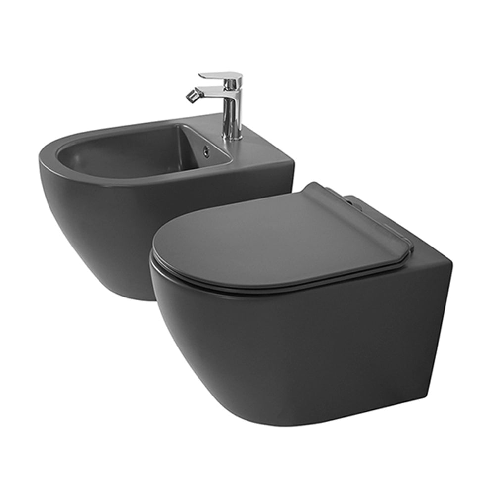 Sanitari sospesi rimless in ceramica grigio opaca con copriwc Tokyo