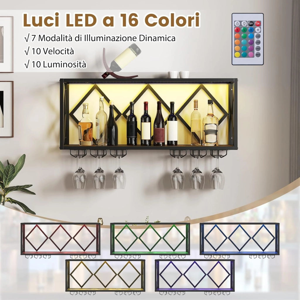 Portabottiglie da Parete, Scaffale per Esposizione di Vino con Striscia LED a 16 Colori, 6 File di Portabicchieri, Scaffale per Conservare 39 Bottiglie e 12 Bicchieri, 51 x 26,5 x 60 cm