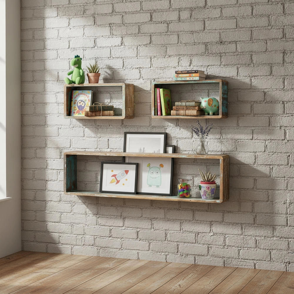 3-piece Cube Wall Shelf Set Made Of Recycled Solid Wood