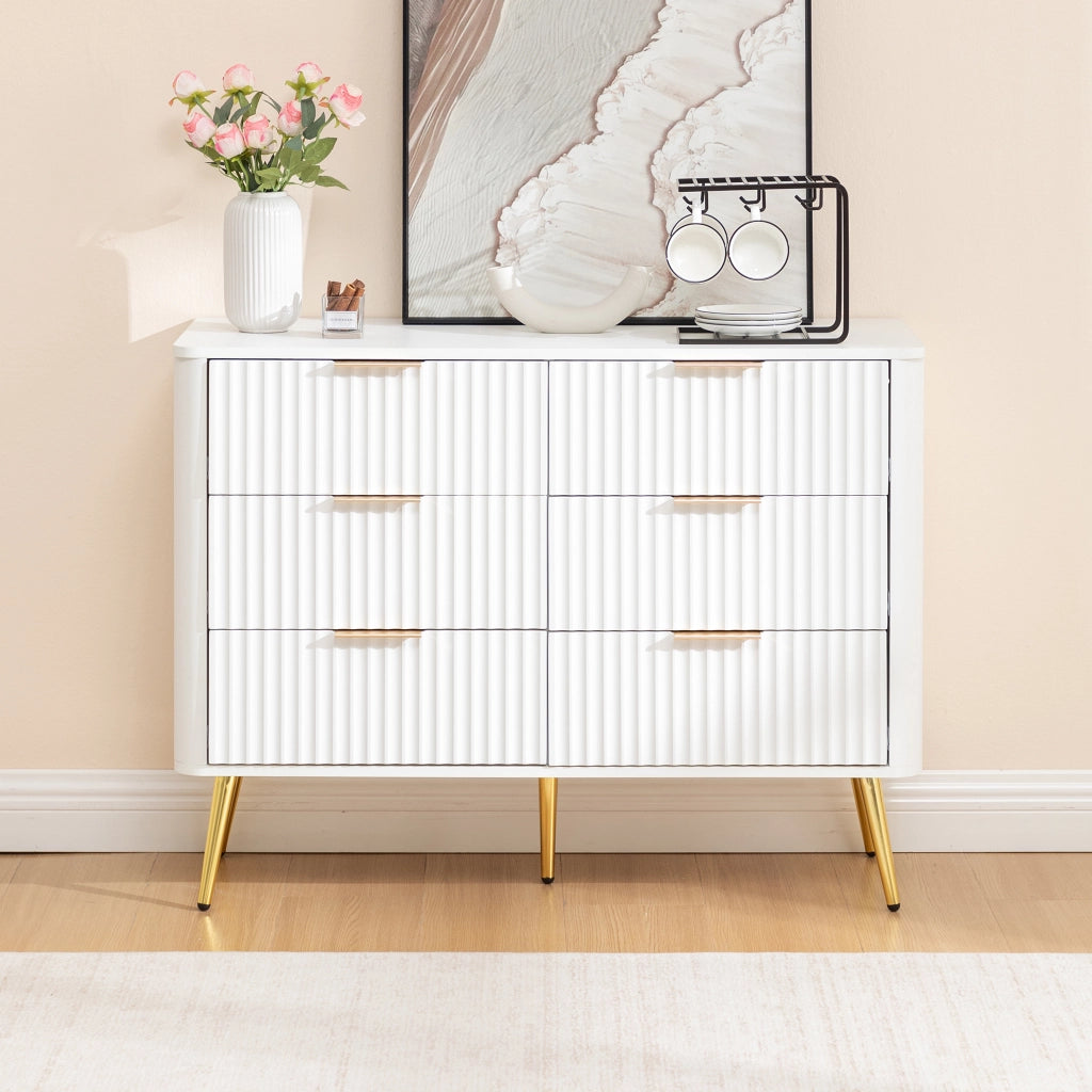 Cassettiera con 6 cassetti e guide ammortizzate, maniglie in metallo, per camera da letto, bianco, 105 × 40 × 80 cm