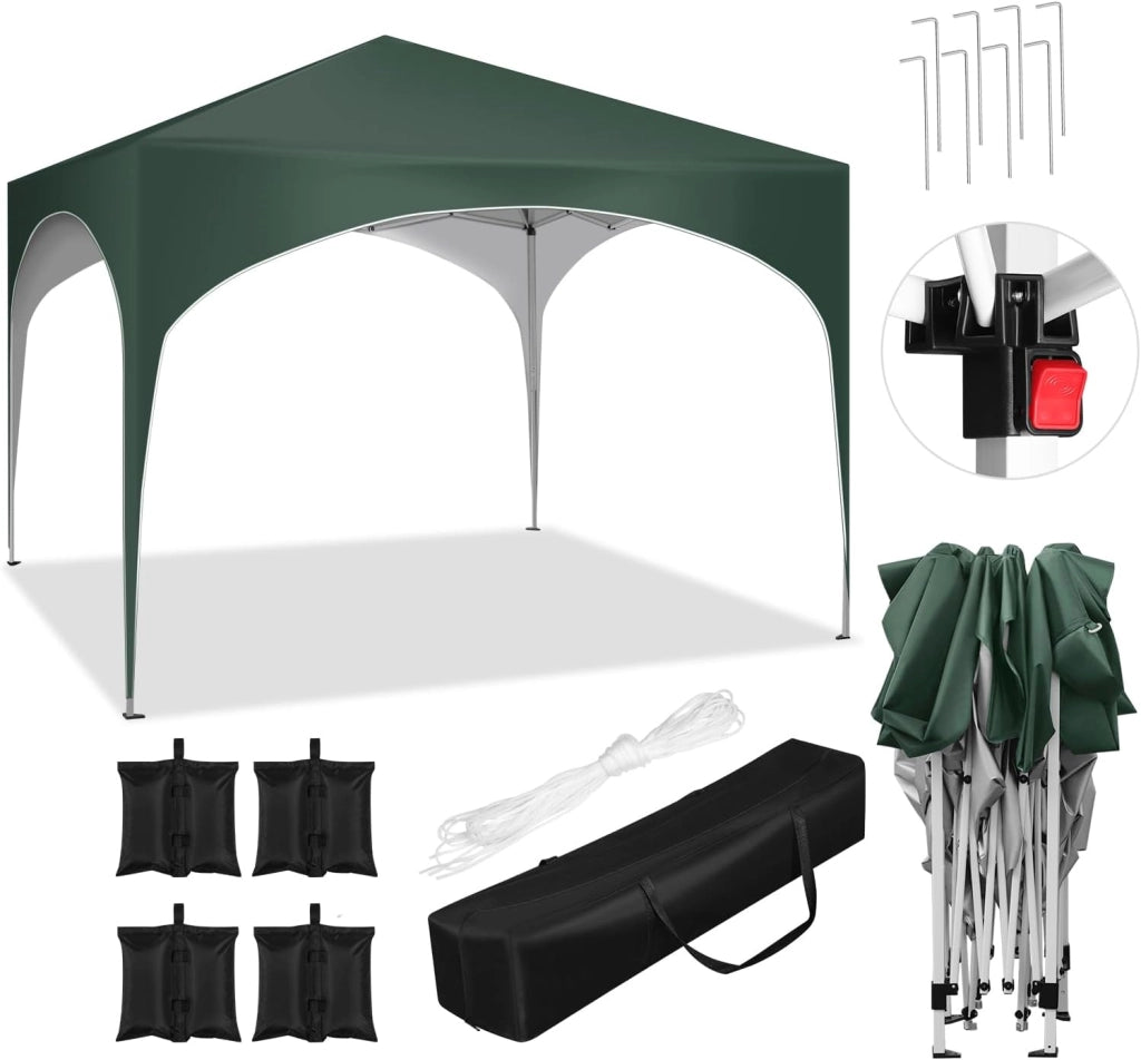 Gazebo da Giardino Richiudibile 3x3m Gazebo da Esterno in Ferro Regolabile in Altezza Tendone con Soffitto Semicircolare Pieghevole Protezione Solare,Set di 4 Sacchi di Sabbia,Verde