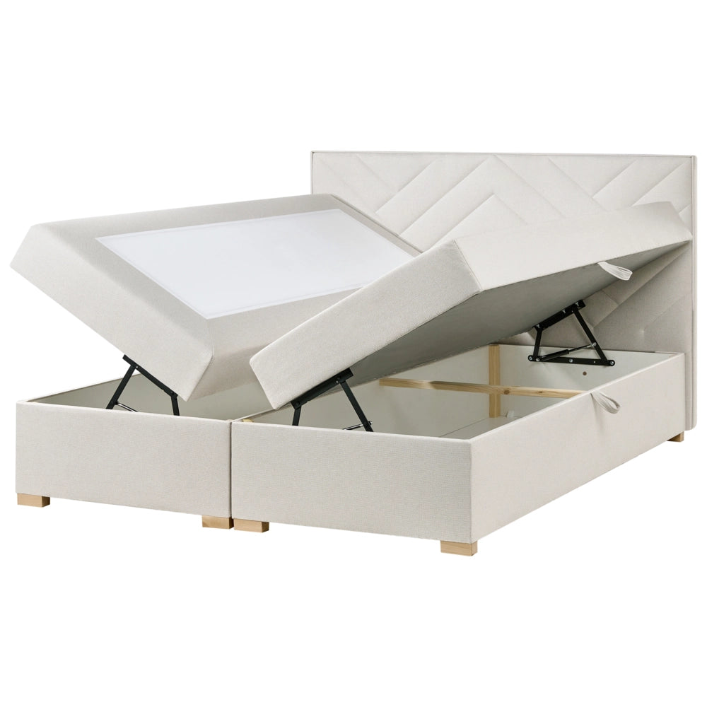 Letto contenitore in tessuto imbottito bianco sporco 180x200 cm con apertura a sollevamento continentale